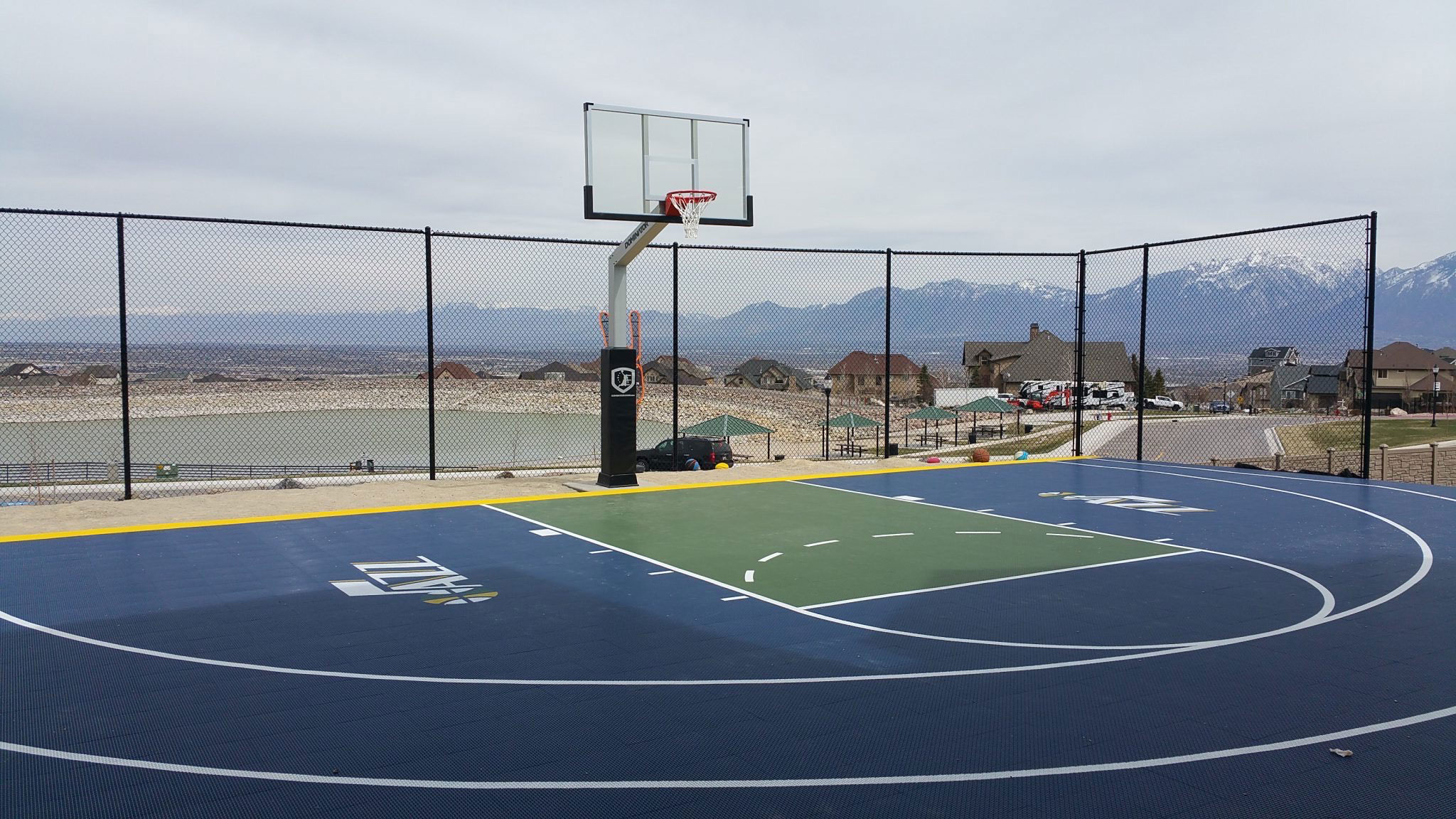 Utah Jazz themed basketball court with custom graphics